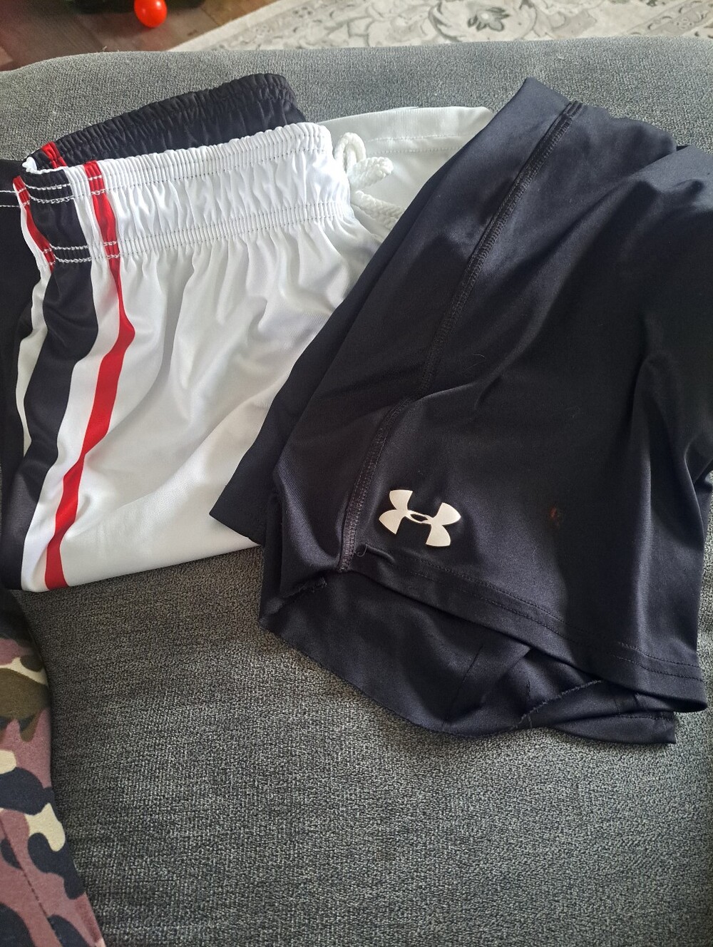 Under Armour Black Compression Shorts & White Athletic Shorts with Red Stripe